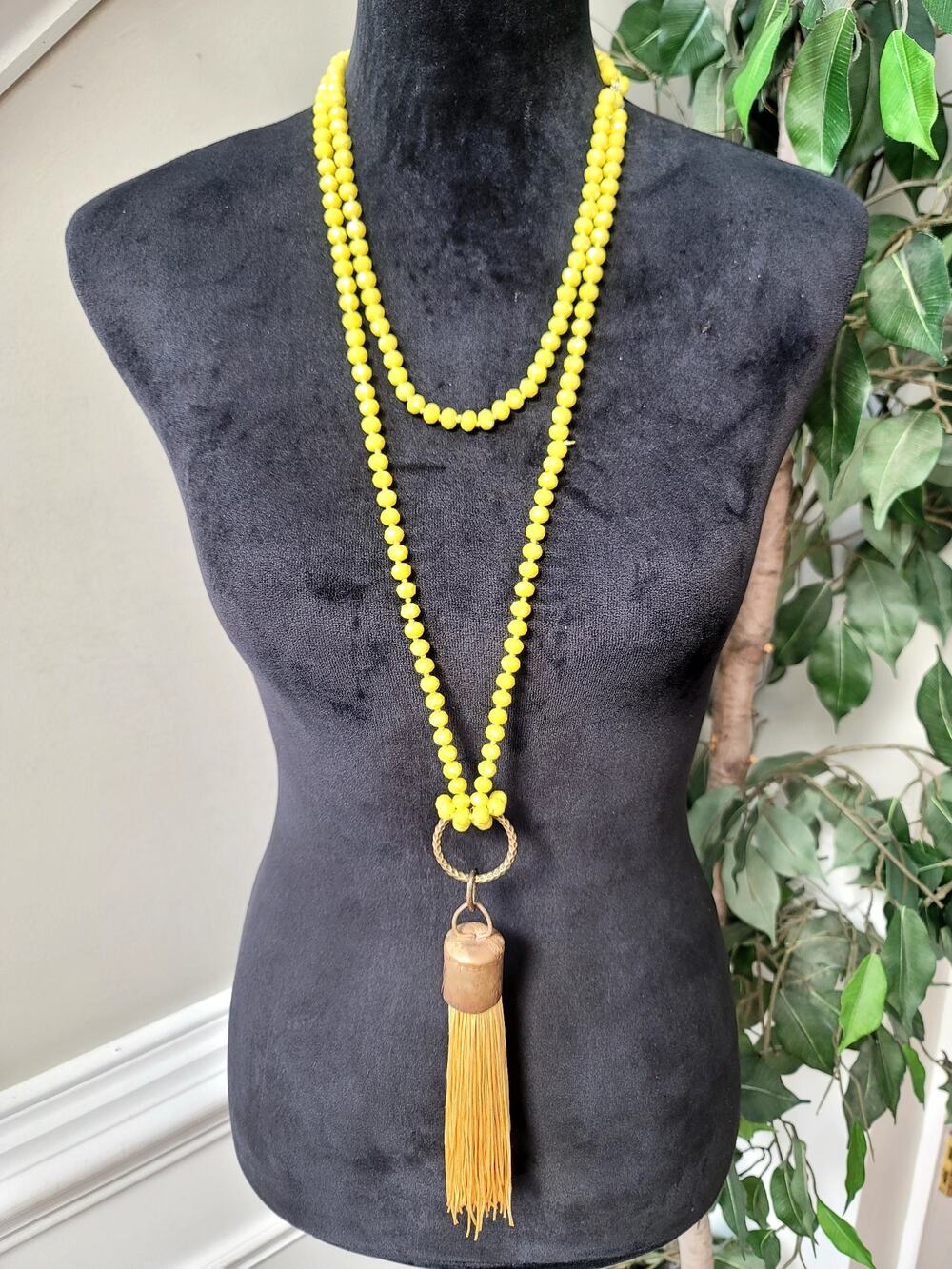 Yellow Beaded Long Tassel Necklace Layered Boho Statement Jewelry